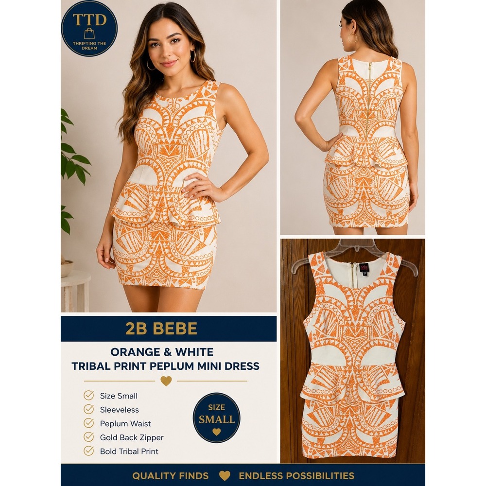 2b Bebe Orange White Tribal Print Peplum Mini Dress Sleeveless Gold Zipper Small